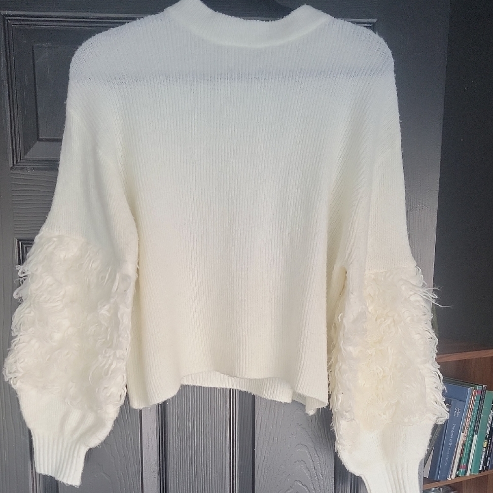 RD Style Cream Sweater with Fluffy Sleeves
